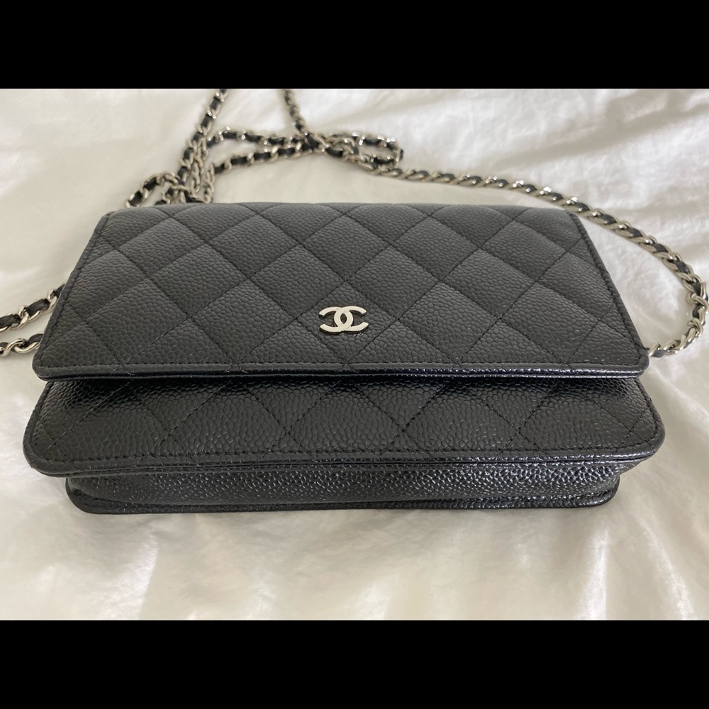 Chanel quilted caviar wallet on chain